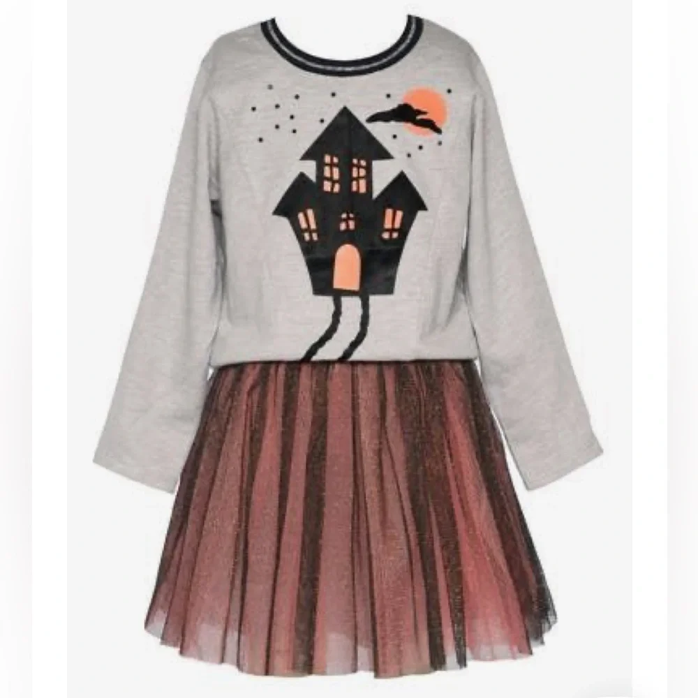 NWT- Truly Me Kids Haunted House long sleeve tutu Dress, Grey multi, 2T